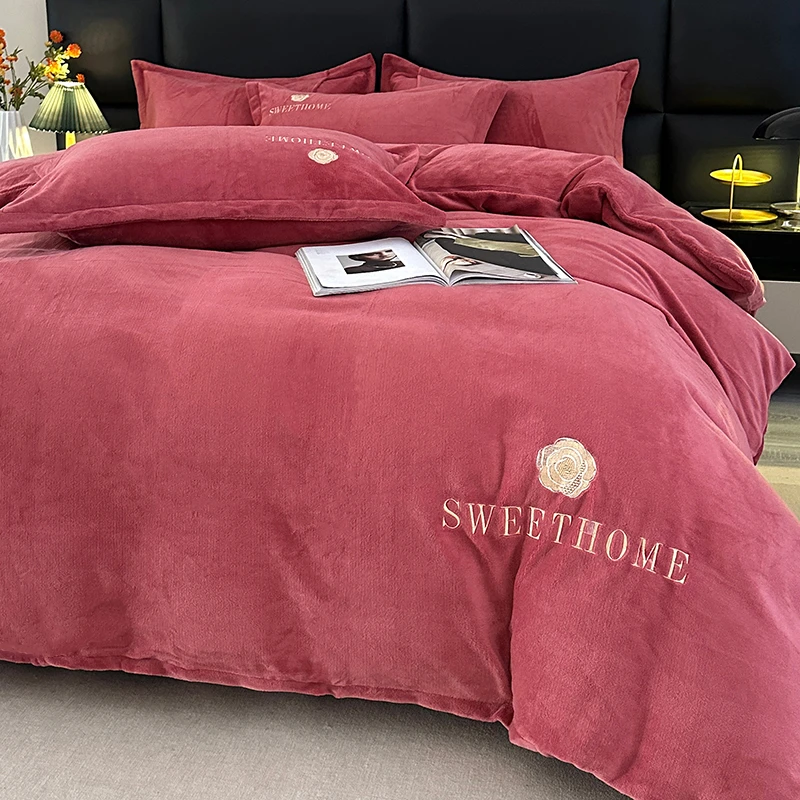 【年底清货】甩价纯色绣花刺绣床裙款四件套加厚牛奶绒双面绒四件套