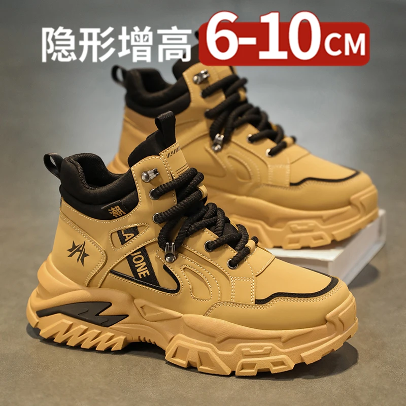 马丁靴男秋季高帮复古工装靴子内增高10cm户外运动防滑厚底老爹鞋