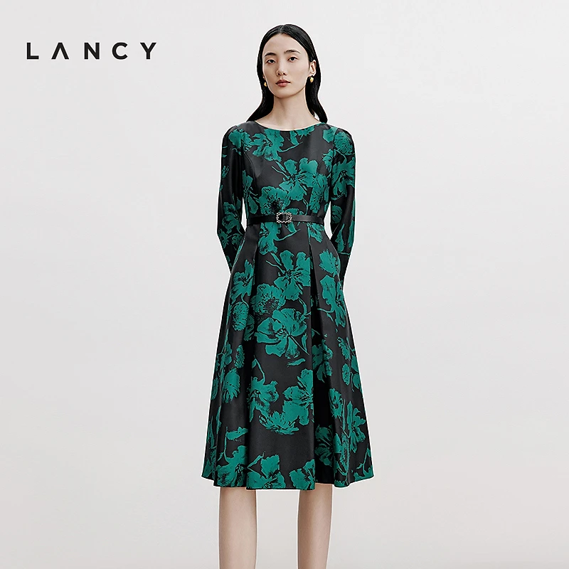 LANCY/朗姿新款真丝复古玫瑰印花收腰长袖连衣裙重工裙子女