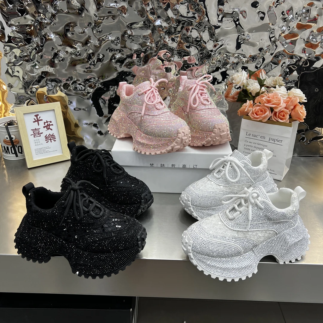 新款四季款闪钻超轻厚底老爹鞋时尚百搭潮流潮鞋飞织夏季透气网面