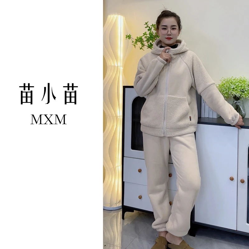 海豚绒新款秋冬季连帽睡衣女士爆款两件套加绒可外穿家居服套装