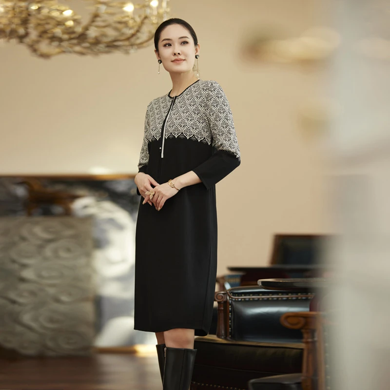 织希TESSITI｜春季新款时尚气质艺术纹样提花针织长袖连衣裙