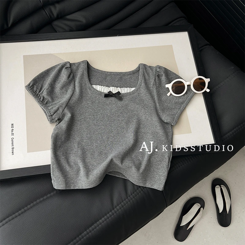 现【甜系欧尼】阿卷夏泡泡袖花边领女童拼接假两件蝴蝶结T恤MPG5967