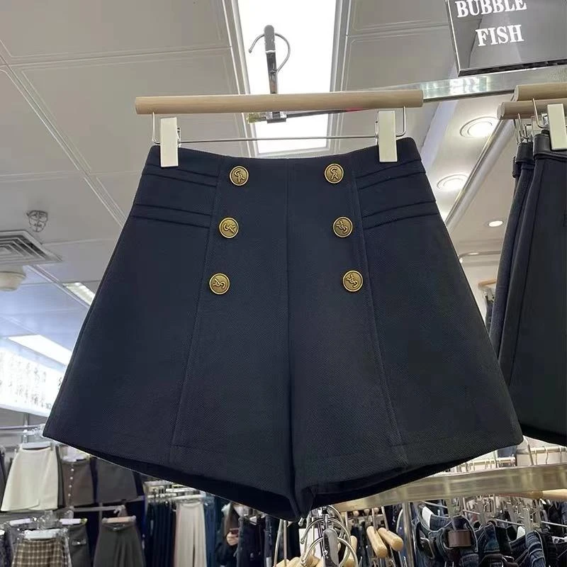 短裤女外穿2025秋冬新款毛呢韩版高腰显瘦a字阔腿休闲靴裤双排扣