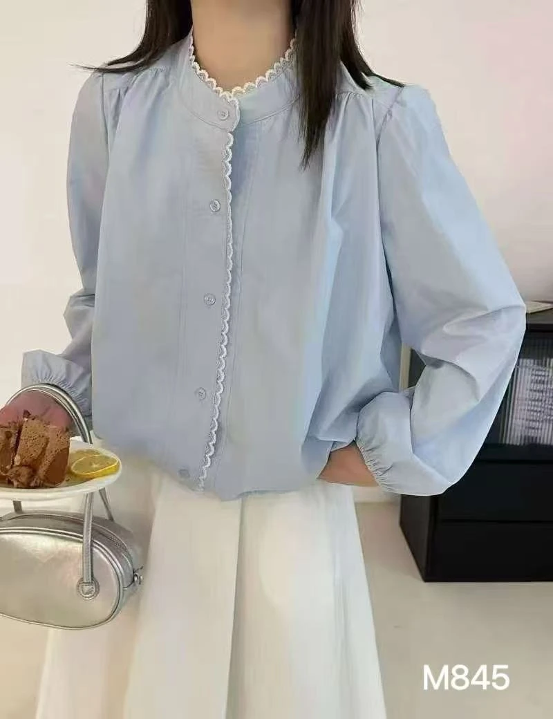 【F3235】 甜美蕾丝花边衬衫女2025春夏新款短款百搭单排扣上衣