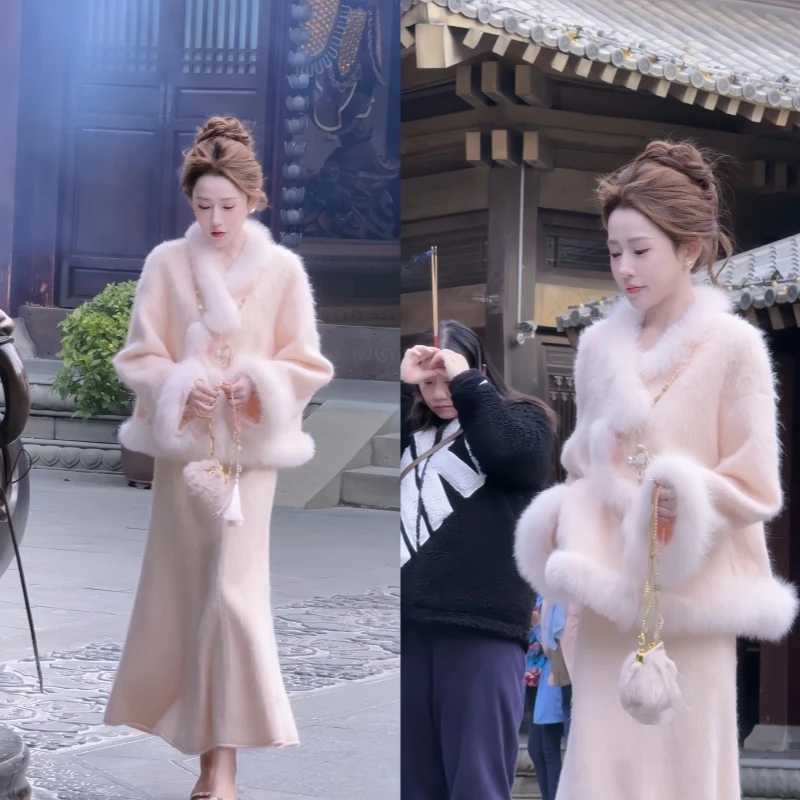 【瑞雪丰年·落日晚霞】新中式仿狐狸毛外套上衣+半身裙气质两件套