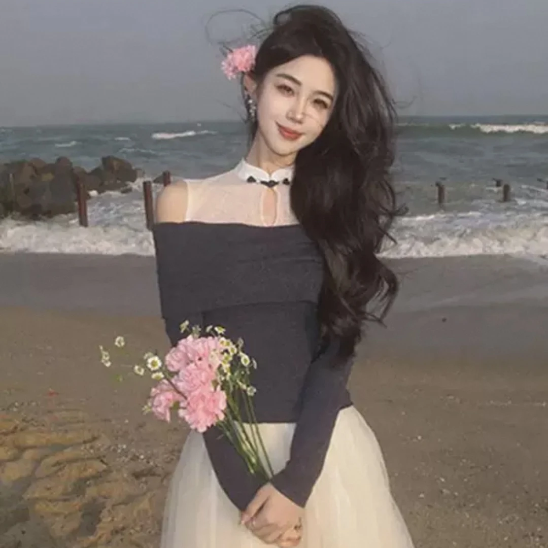 纯欲性感中式盘扣网纱拼接露肩长袖打底衫女春季新款修身显瘦上衣