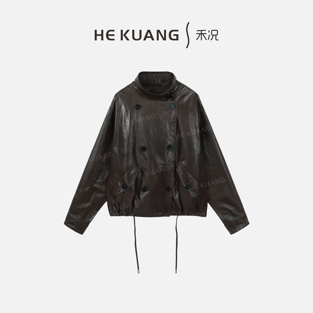 禾况HEKUANG琥珀流光【檀木琴枝】绵羊皮酷帅复古外套 W655 0581