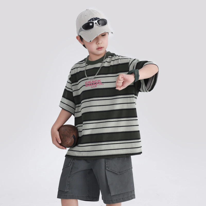 男大童夏季韩系条纹短袖T恤2025新款儿童装男孩夏日宽松冰感上衣