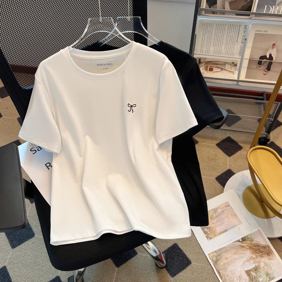 2025夏季爆款黑白色蝴蝶结高级感刺绣宽松显瘦微胖短袖t恤女HDJ-3