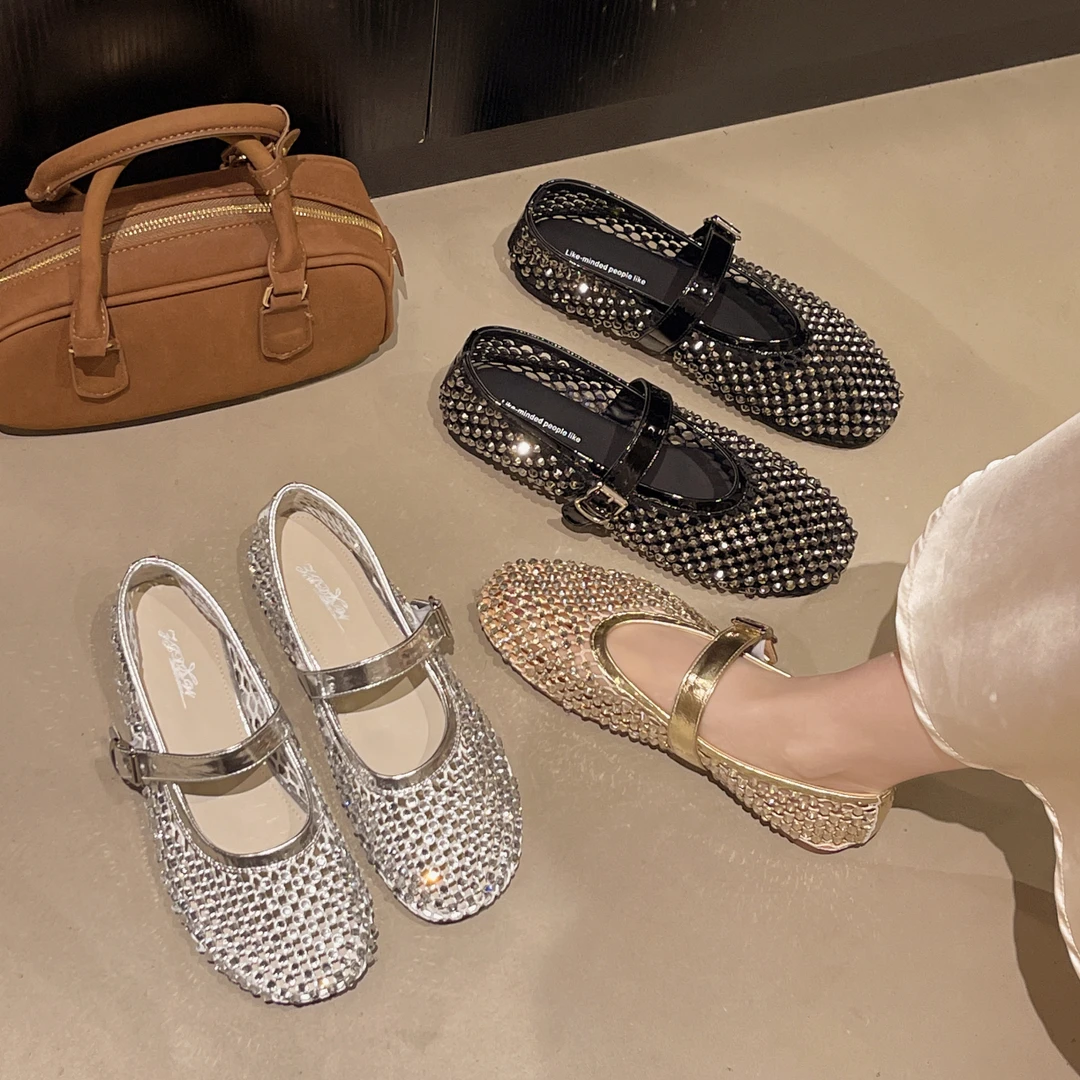 小众时尚满钻镂空渔网鞋设计感圆头一字扣凉鞋玛丽珍豆豆鞋女J