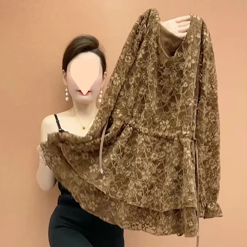 时尚洋气早春新款打底蕾丝雪纺衫洋气妈妈高档上衣宽松遮肉大版衫