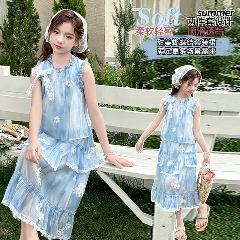 女童蝴蝶结花边套装2025夏季新款波西米亚甜美风碎花背心裙两件套