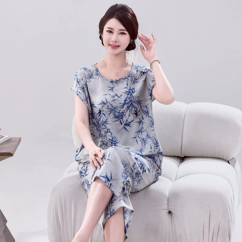 新款棉绸套装妈妈夏季洋气短袖中老年女装人造棉睡衣外穿两件套薄