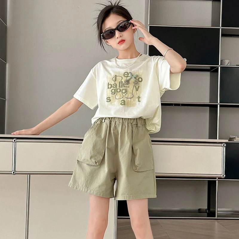 女童套装2025夏季新款中大童洋气短袖t恤夏装网红炸街儿童装短裤