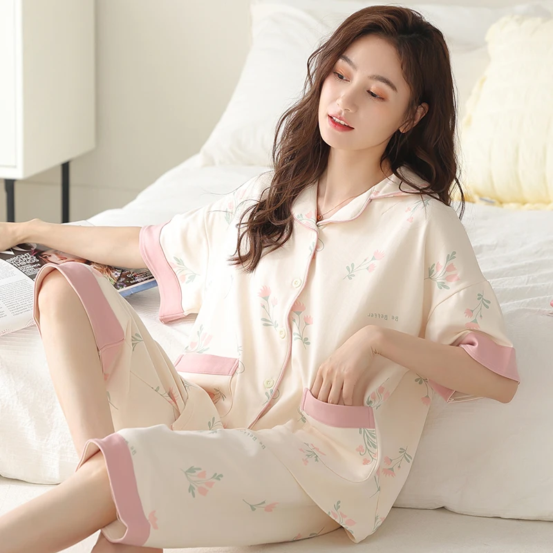 V/雅鹿睡衣女夏季2024新款纯棉短袖七分裤薄款家居服妈妈夏天套装