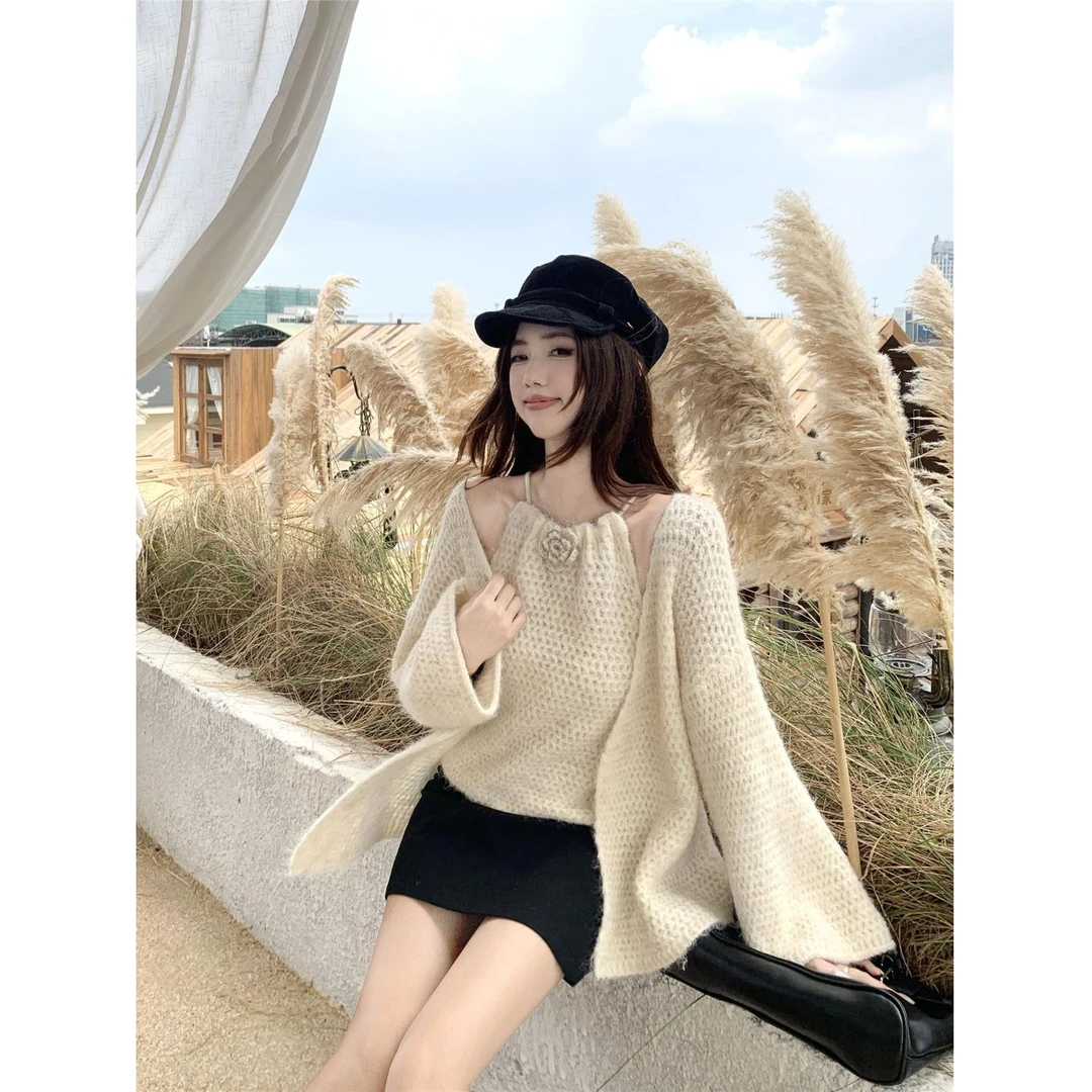 温柔风慵懒套装女秋季2025新款针织开衫立体花朵吊带背心两件套潮