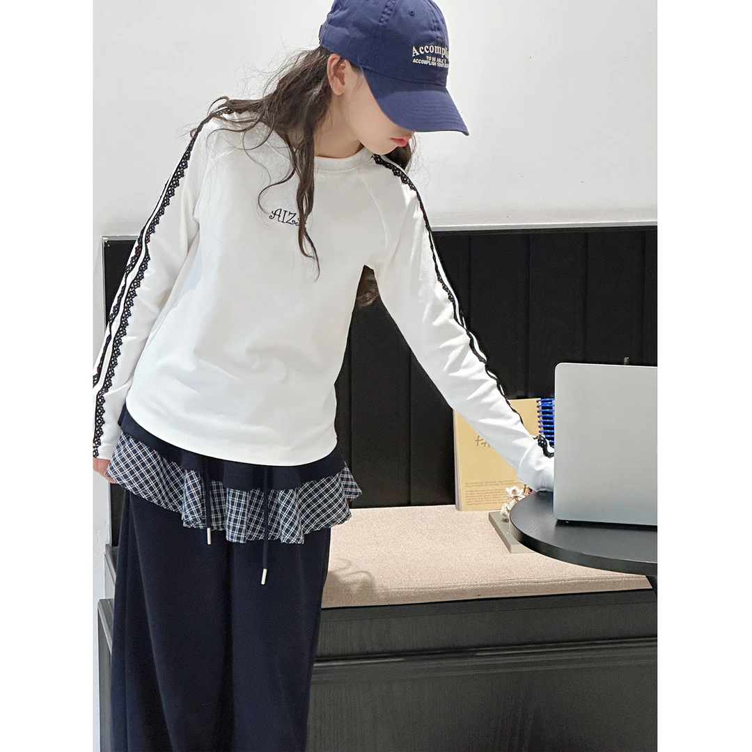 K29591孙小美花边女童长袖T恤2025新款春秋儿童上衣大童打底衫