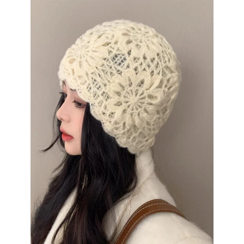 2023新款秋冬手工双层大花朵帽子女保暖洋气时尚针织毛线包头帽