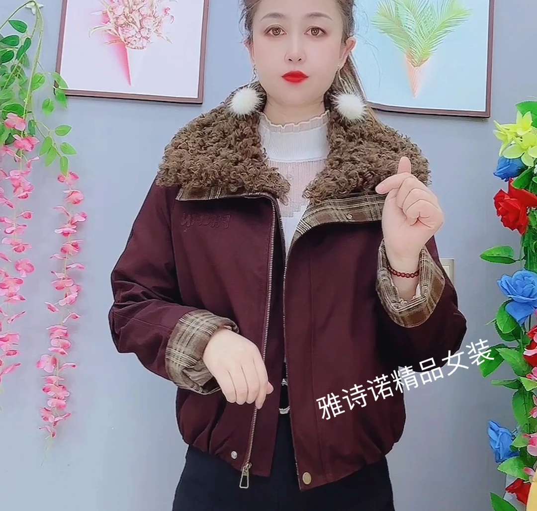 格子拼接羊羔毛翻领复古加绒短款棉服女2025冬季新款时尚棉衣外套