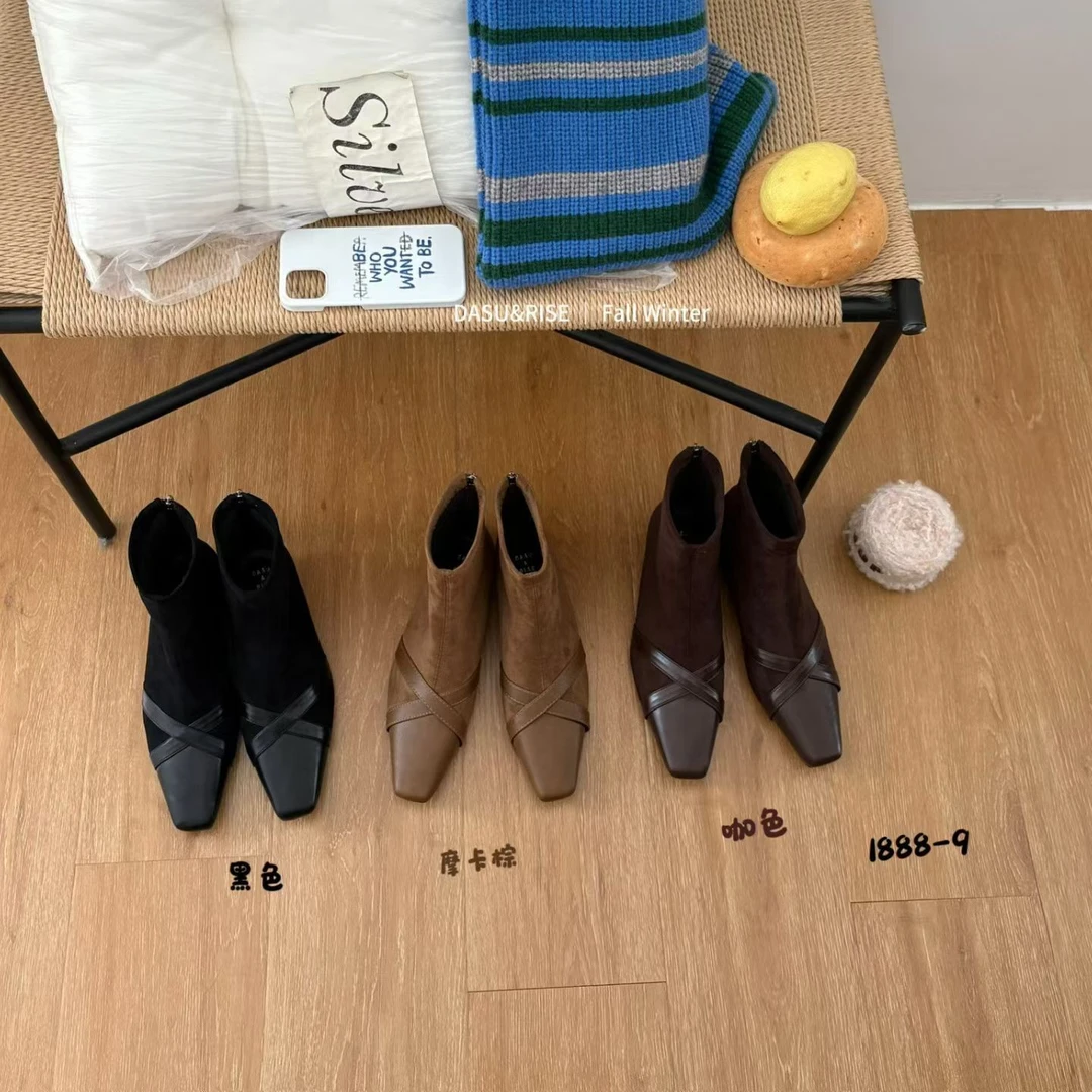 1888-9复古森系法式靴女鞋秋季短筒中跟方头棕色平跟低跟平底休闲