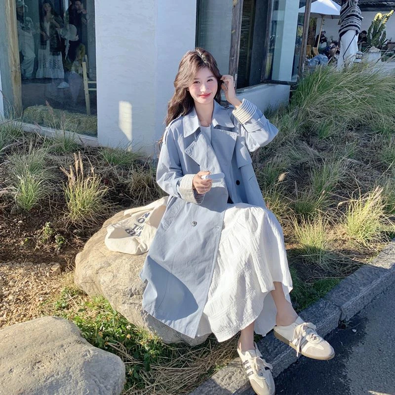 蓝色风衣外套女中长款2025春季新款今年流行老钱风气质英伦风大衣
