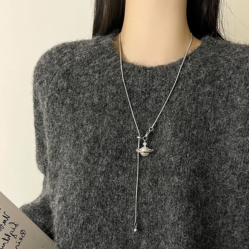 钛钢项链 精品/土星珍珠吊坠项链女高级感抽拉可调节毛衣链不掉色