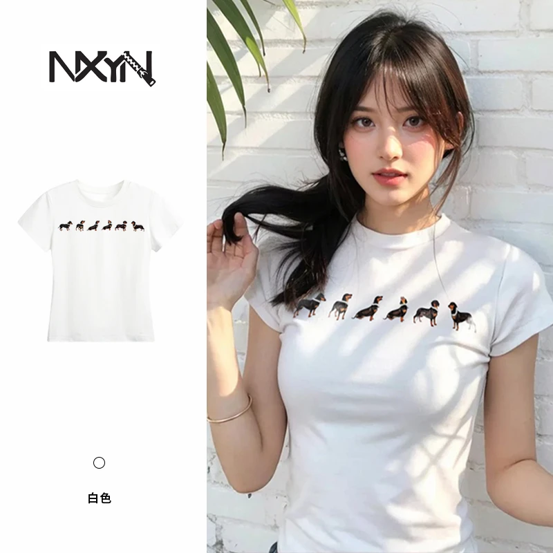 NXYN夏季显瘦短款短袖辣妹风修身T恤半袖学生印花复古港风女款t恤
