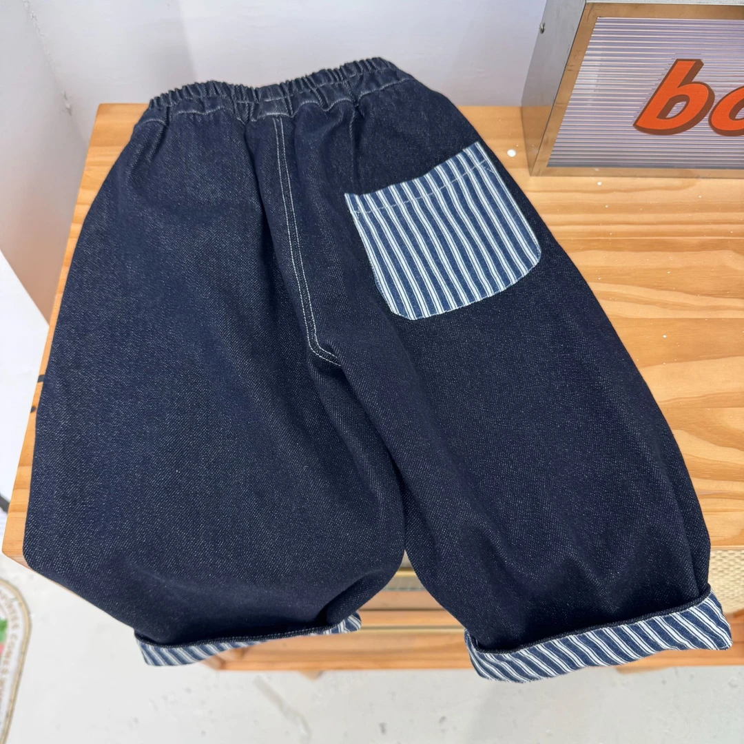 高定不掉色卷边儿童秋冬韩版宽松阔腿牛仔裤