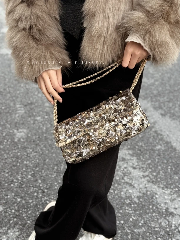 95新 Chanel/香奈儿 香奈儿香槟金亮片珠珠CF法棍包 15开带卡