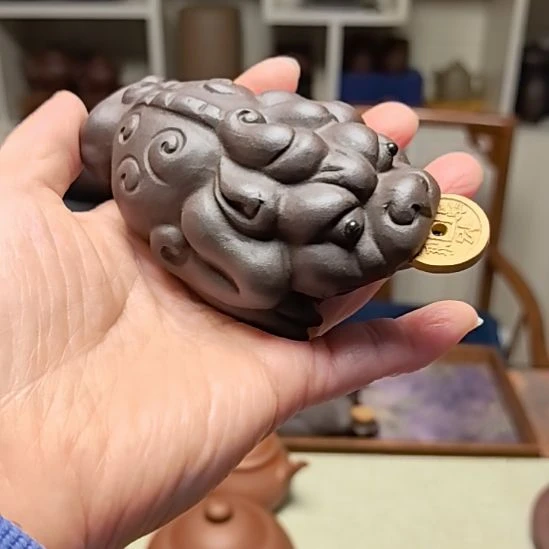紫砂茶壶金蟾手把件手工制作11cm紫泥