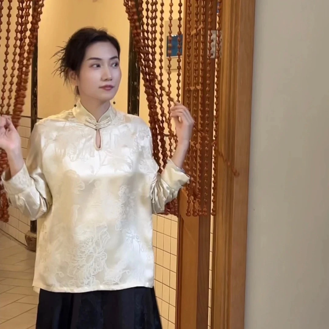【水滴领衬衫】100桑蚕丝新中式水滴领长袖衬衫国风百搭复古打底