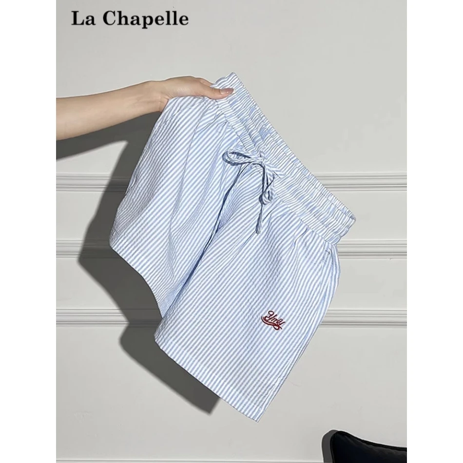 拉夏贝尔条纹阔腿高腰直筒短裤女2025新款夏装a字松紧腰运动热裤