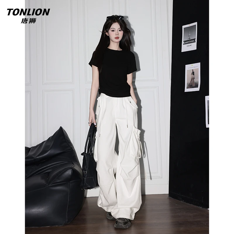 唐狮高街设计感工装牛仔裤女2025新款美式米白色高腰宽松阔腿裤子