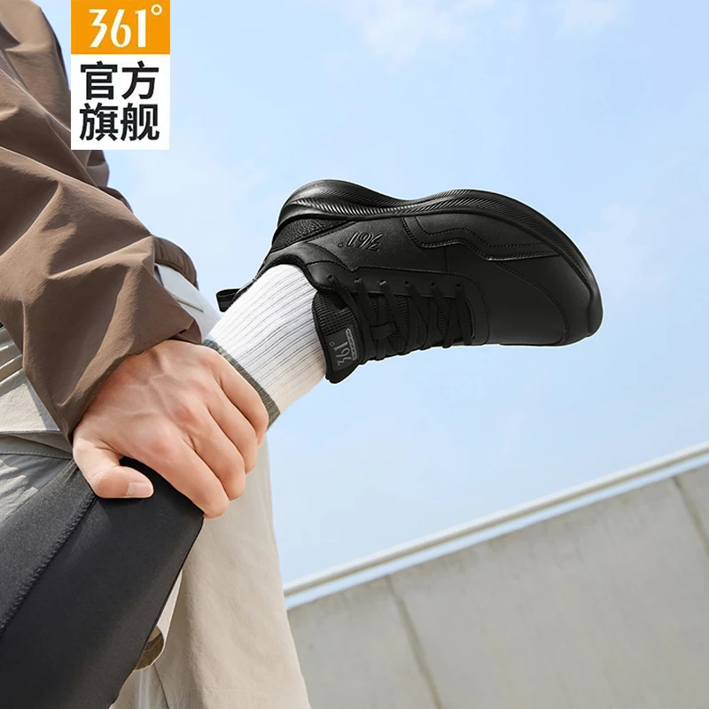 361°男鞋运动鞋男2025秋季新款皮面轻便跑步鞋防水减震黑色休闲鞋
