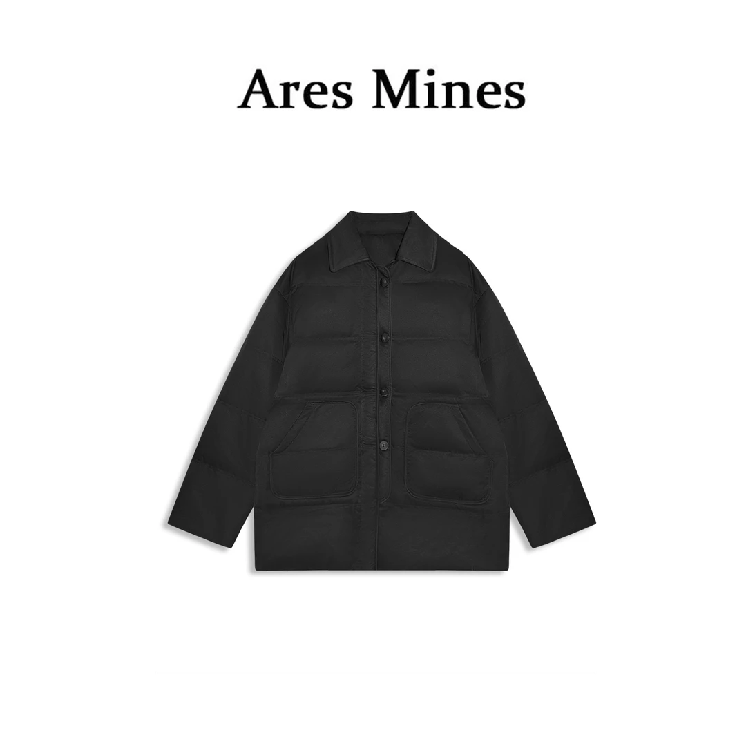 【盛朗熙Ares Mines】日系复古 翻领格纹对称大口袋羽绒外套