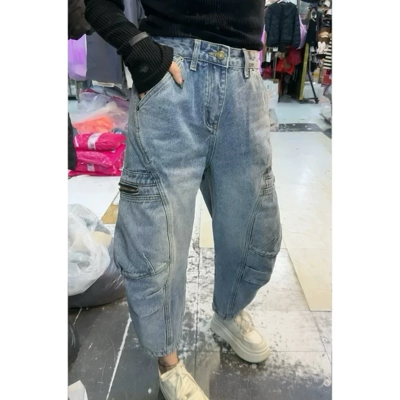 2025复古弯刀工装牛仔裤女春季高腰显瘦小个子宽松九分阔腿奶奶裤