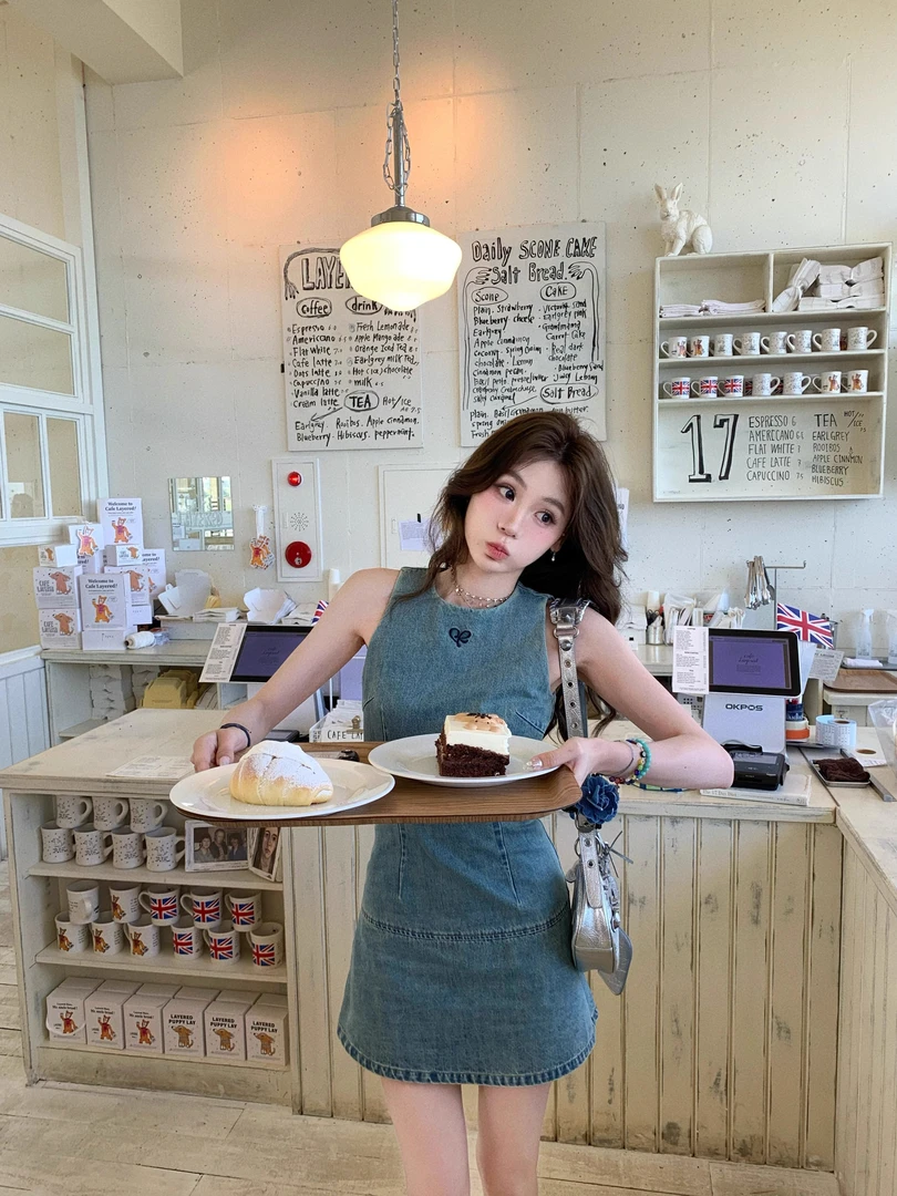 法式复古牛仔刺绣连衣裙女2025年夏季收腰气质设计感无袖背心短裙