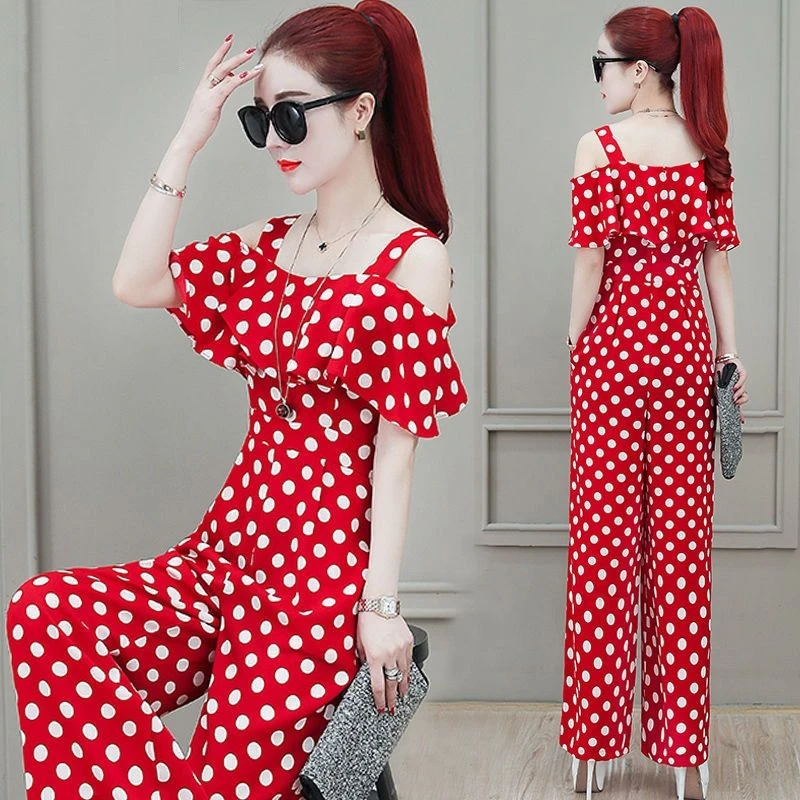 高腰宽松吊带连体裤女夏2025露肩连体衣长裤坠感波点阔腿裤