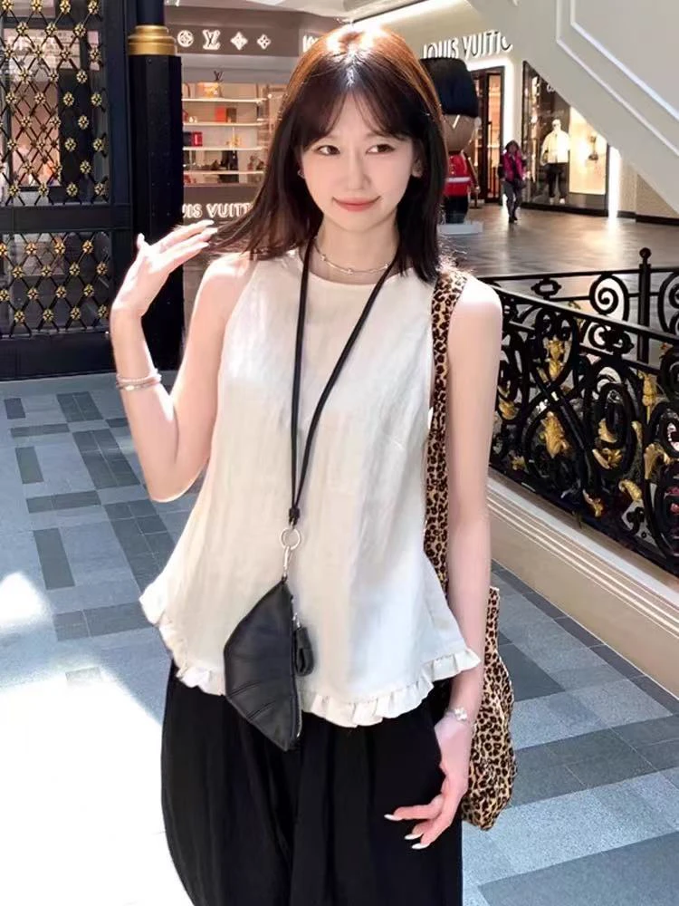 JUNXI@PX098 法式木耳边圆领宽松显瘦百搭无袖上衣 6-25