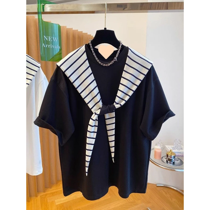 2025夏季高级感连帽宽松大版条纹披肩连帽短袖恤男女冰丝女裤薄款