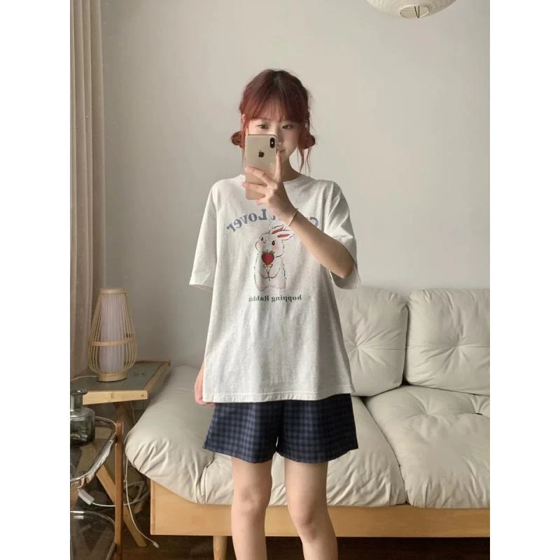 睡衣女夏季新款纯棉短袖短裤卡通甜美可外穿家居服套装（草莓兔子）
