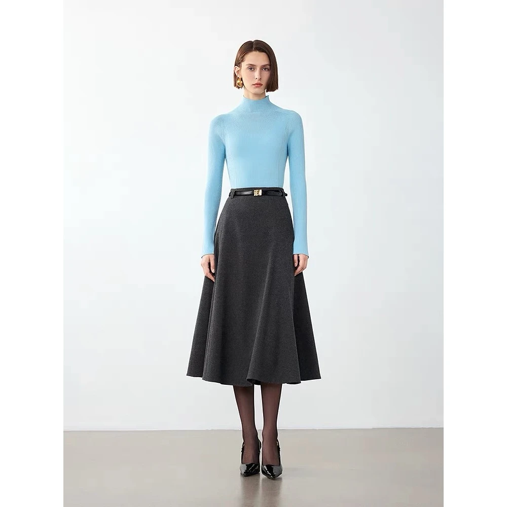 杰瑞【典雅拼接裙】秋休闲女士简约遮肉显瘦高腰中长款A字半身裙