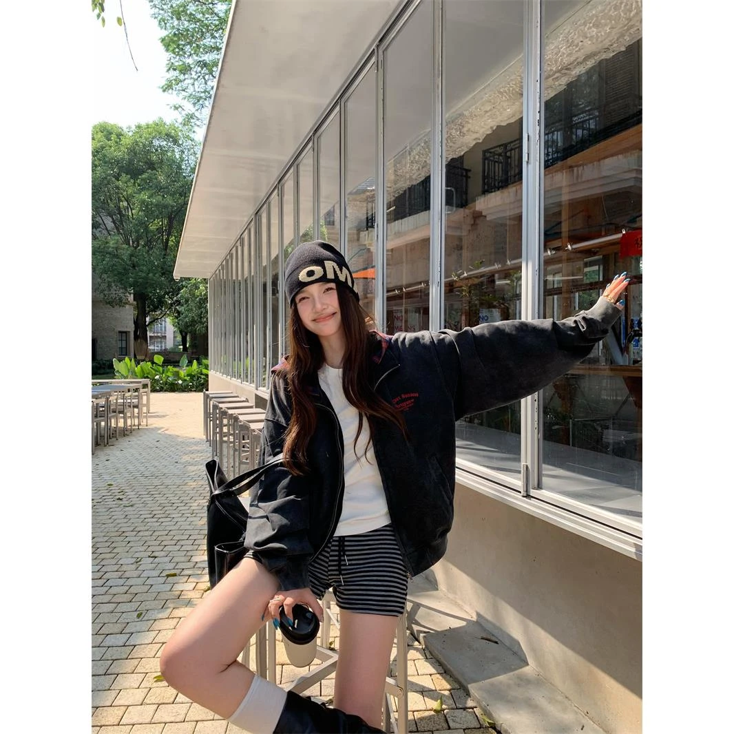 新款时尚设计感格纹假两件长袖卫衣外套女装秋季百搭宽松显瘦上衣