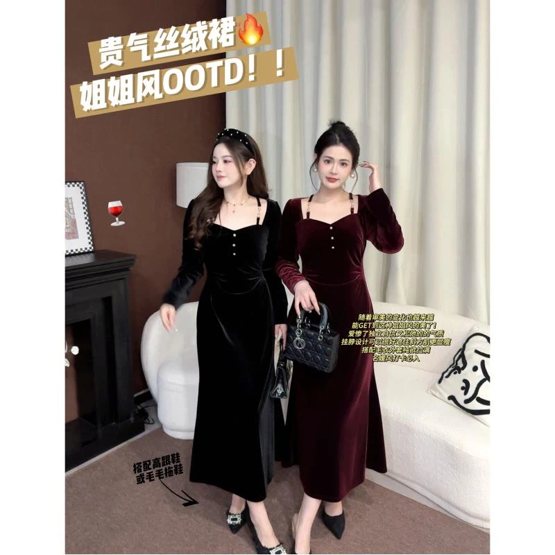 L【现货】新款微胖mm秋冬季高级感法式性感收腰显瘦连衣裙10092C