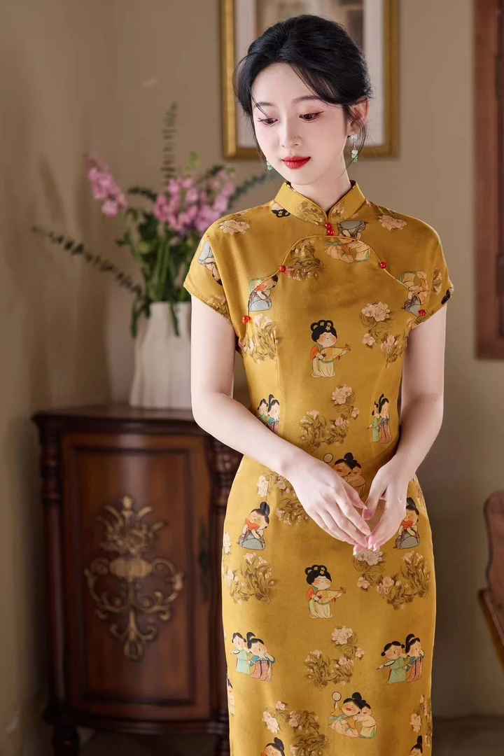 小唐人旗袍气质夏季复古中长款中国风显瘦时尚中式修身