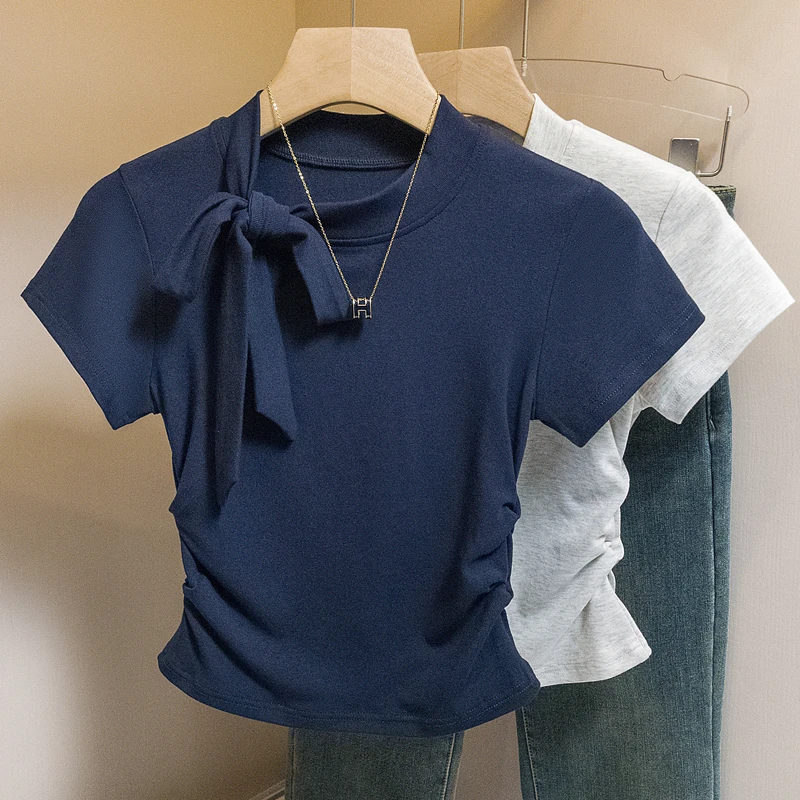 yoewshean/羽媗微胖mm大码女装绑带蝴蝶结短袖t恤收腰遮肚子显瘦