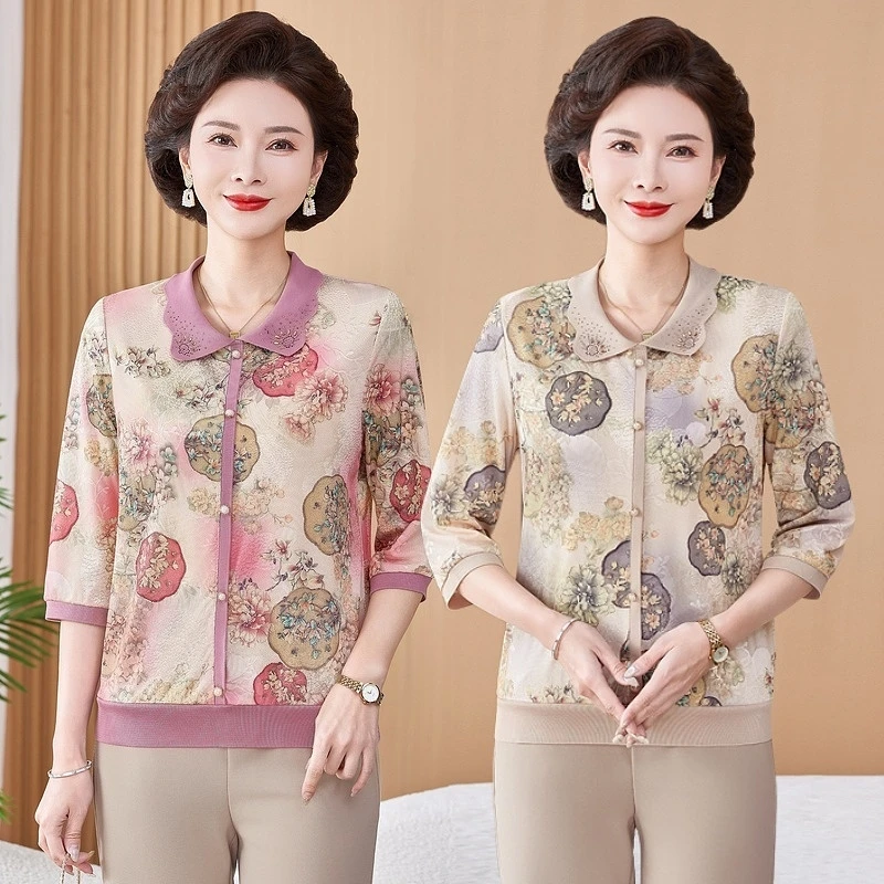 妈妈装春夏新款气质小衫中老年女装七分袖T恤气质显瘦时尚打底衫