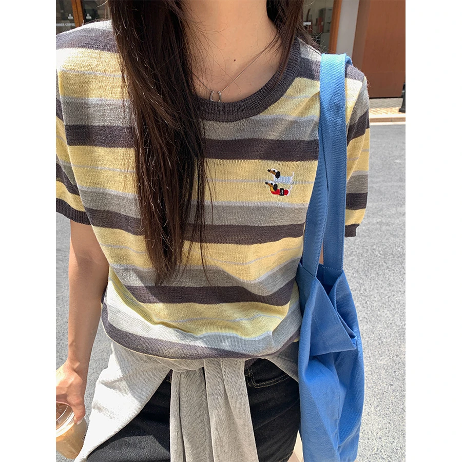 撞色条纹小狗刺绣圆领ins小众短袖针织衫短款女夏时尚百搭上衣