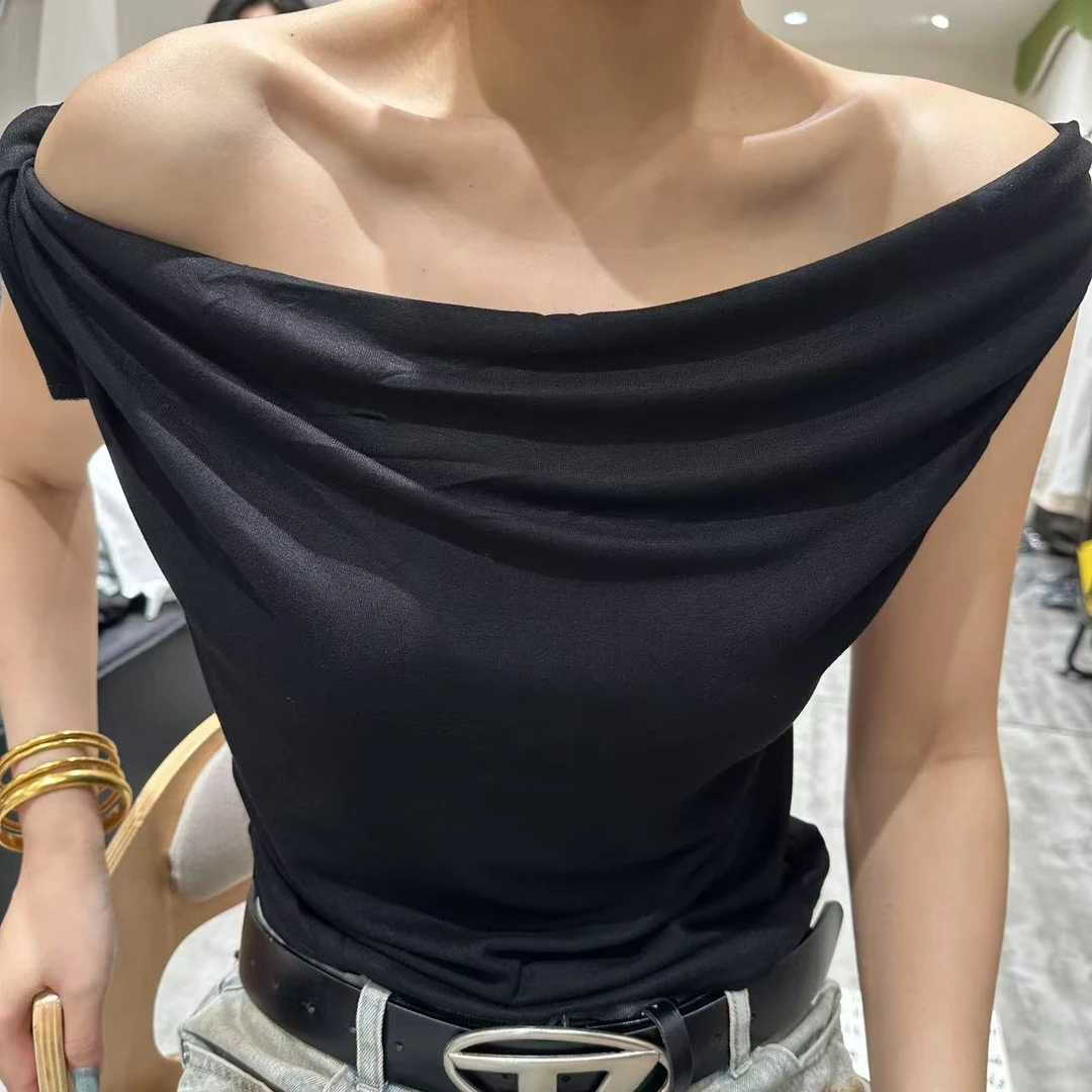 夏季夏季荡领修身短袖T恤无袖一字领修身女士